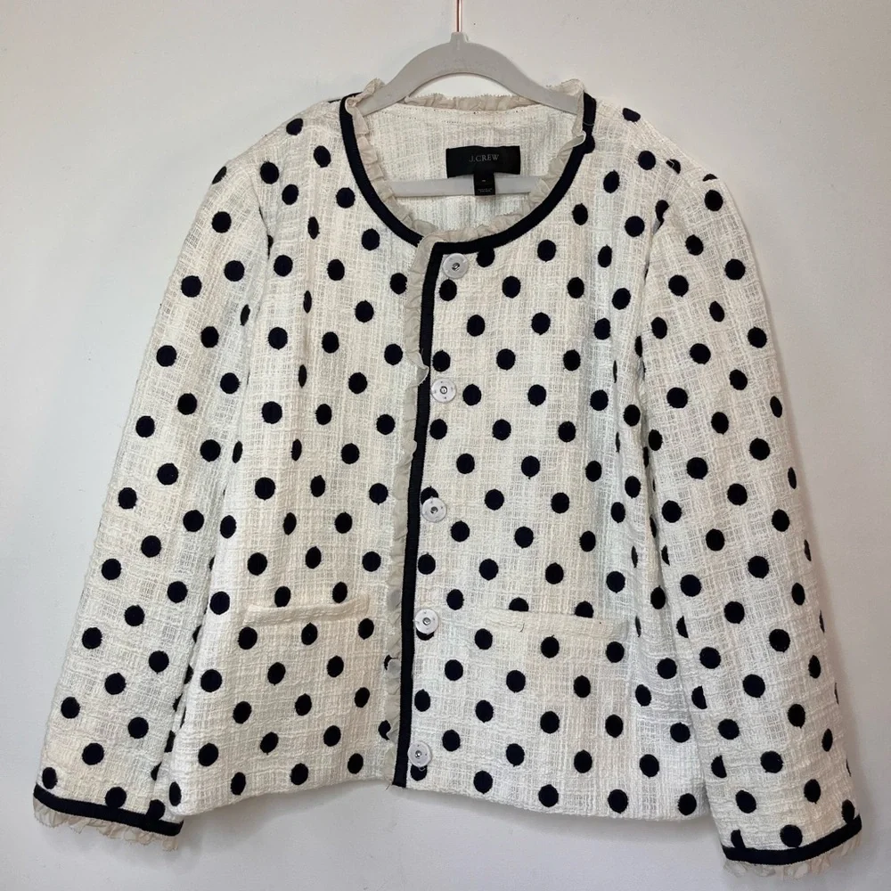 J. Crew Spring Jacket in Polka Dot Textured Tweed Size 4 White 100% Cotton NWOT - Picture 4 of 8